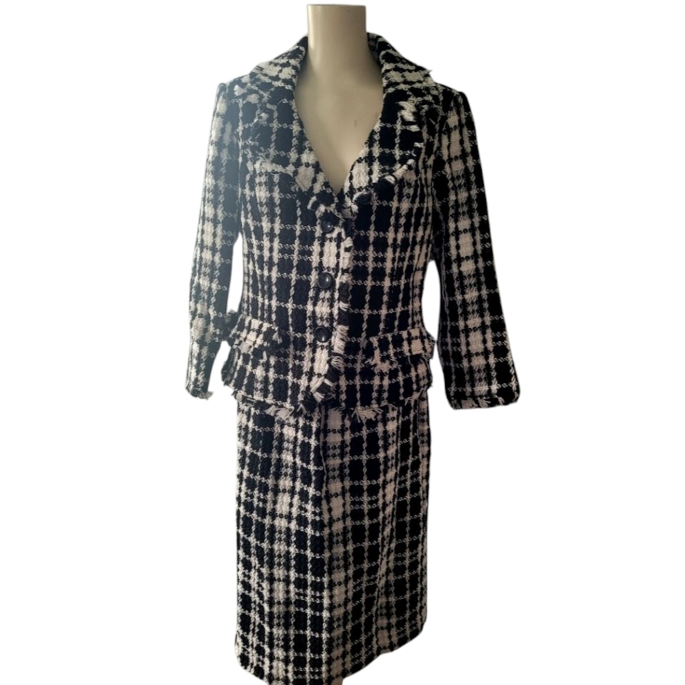 Ashro Classic Designer Look Bouclè Black and White Plaid 2pc Skirt Set Size 12 - Picture 3 of 7